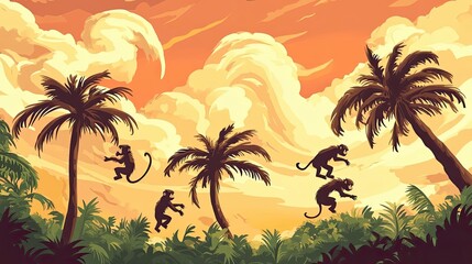 Monkeys Swinging Through Palm Trees and Clouds at Sunset