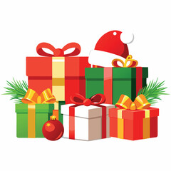 a pile of Christmas presents. There are several gift boxes of different sizes and colors