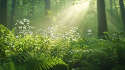 Fototapeta premium Serene Dawn at Tranquil Forest Glade - Ultra-Detailed Nature Photography with Delicate Wildflowers and Lush Ferns