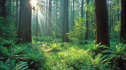 Naklejka premium Tranquil Forest Awakening: Capturing the Serene Dawn in the Woodlands with Soft Rays of Light and Dew-Kissed Ferns