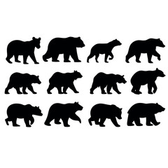 a set of black vector silhouettes of bears in various poses, such as walking, standing, and sitting
