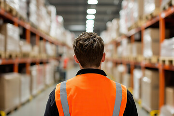 Warehouse worker in orange safety vest, organizing inventory in large storage facility, surrounded by shelves filled with boxes, ensuring efficient operations