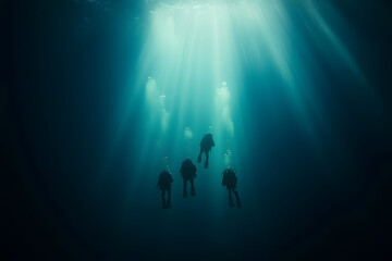 Group of Scuba Divers Deep Underwater in Dark Blue Water | Marine Exploration, Underwater Adventure, Ocean Conservation, Diving Team in Action