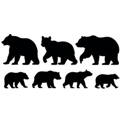 a set of black vector silhouettes of bears in various poses, such as walking, standing, and sitting