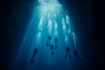 Group of Scuba Divers Deep Underwater in Dark Blue Water | Marine Exploration, Underwater Adventure, Ocean Conservation, Diving Team in Action