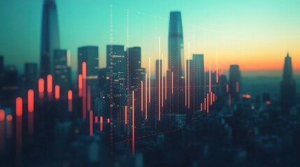 Fototapeta premium Growth chart with ascending bars against a city skyline 