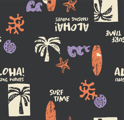 Summer seamless pattern design.Palm tree, surfboard,  print. colorful orange brown background