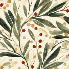 Green leaves and red berries botanical seamless pattern artwork.