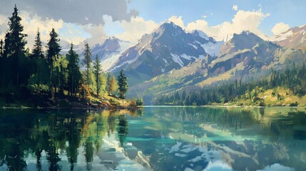 Fototapeta premium A serene mountain lake with snow-capped peaks reflecting on the calm water, surrounded by lush greenery and blue skies.