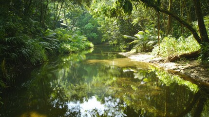 Serene Winding River in Lush Forest: Vital Water Sustaining Ecosystems, Wildlife, Green Reflections - Ultra-Detailed Nature Landscape Photography