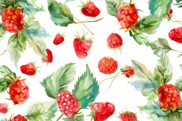 watercolor raspberry beautiful fruit with leaves,white background