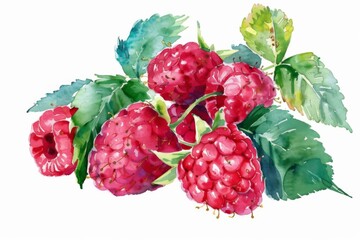 watercolor raspberry beautiful fruit with leaves,white background