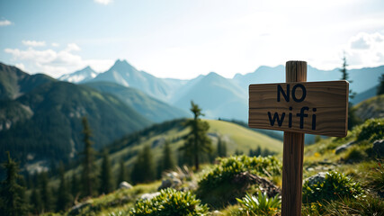 A rustic "No Wi-Fi" sign stands against a backdrop of majestic mountains, inviting a digital detox