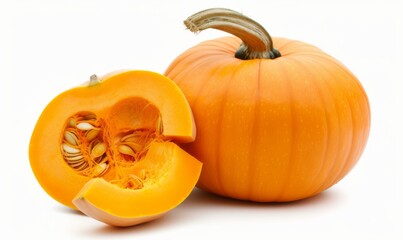 Obraz premium Whole orange pumpkin and slice of pumpkin isolated on white background. Clipping Path. Full Depth of field. Focus stacking