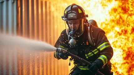 Firefighters in colorful protective gear work to put out a fire. The coordinated effort and vibrant equipment contrast with the intensity of the fire. Demonstrate commitment to safety and resilience