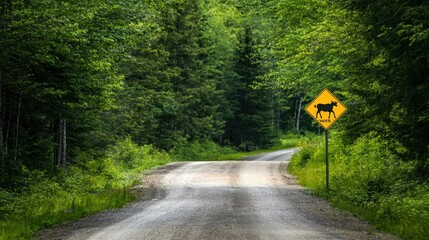 Peaceful Forest Road with Moose Crossing Sign