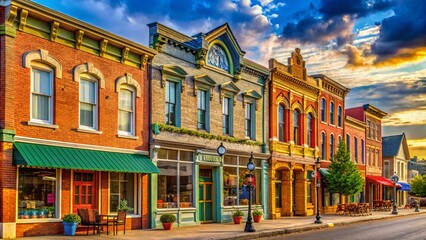 Fototapeta premium Charming Old-Fashioned Small Town Main Street Facade Featuring Colorful Painted Brick Buildings and Quaint Shopfronts Bathed in Warm Natural Light for a Nostalgic Atmosphere