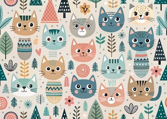 Charming Scandinavian Pattern Featuring Seamless Cute Cats in a Panoramic View, Perfect for Home Decor and Fabrics, Celebrating Whimsical Feline Designs