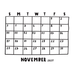 November 2024. Template calendar. Vector design on white background.