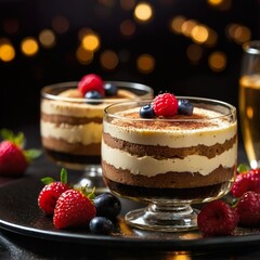 Yummy tiramisu cake dessert with berries, champagne on a black festive blur background. Dark food template for restaurant menu business. Romantic sweet gift. Tasty present. Luxury evening view