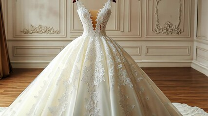 A white lace wedding dress with a plunging neckline hangs on a dress form in a room with ornate wall moldings