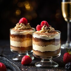 Yummy tiramisu cake dessert with berries, champagne on a black festive blur background. Dark food template for restaurant menu business. Romantic sweet gift. Tasty present. Luxury evening view