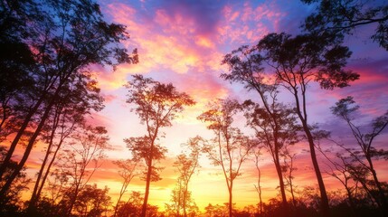 Fototapeta premium Tranquil Sunset Forest Silhouettes - Capturing Nature's Beauty in Transition