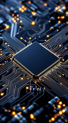 Circuitry and a microchip glow against a dark backdrop, highlighting modern technology and engineering