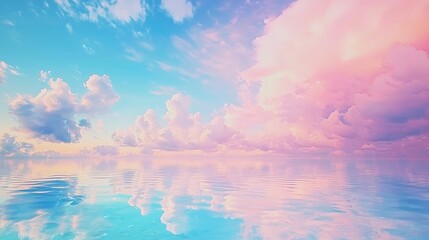 A serene ocean view under a pastel sky, reflecting soft clouds and colors.