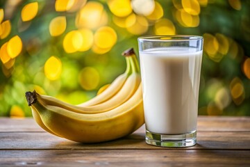 Close-Up of a Glass of Fresh Milk Next to a Ripe Banana on a Wooden Table, Capturing the Creamy Texture of the Milk and the Natural Yellow of the Banana with Soft Lighting