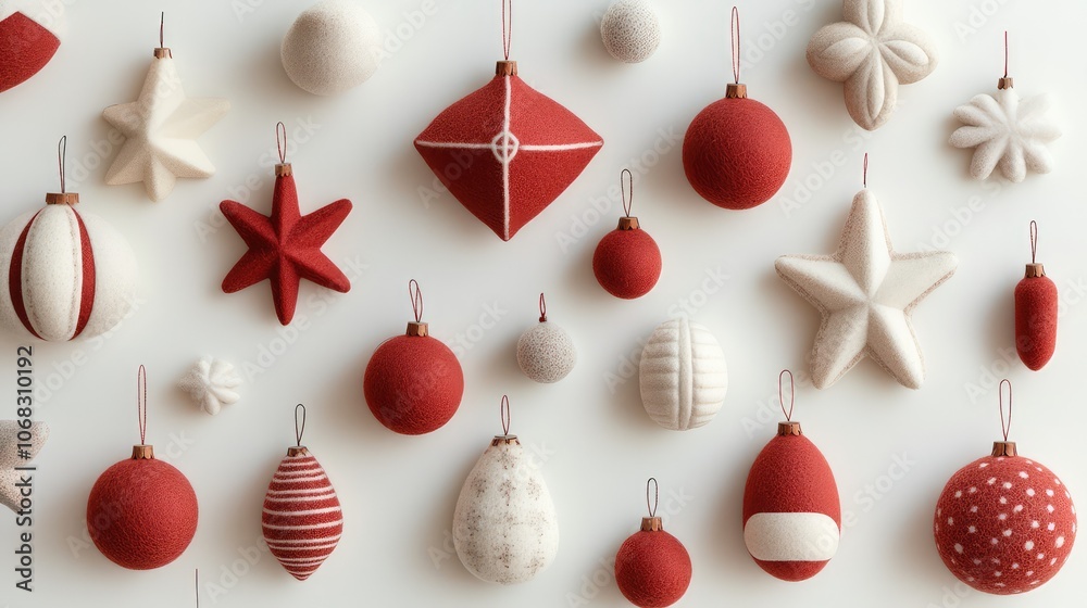 Fototapete muted red and white scandinavian holiday ornaments made from felt and wood, arranged in a simple pat