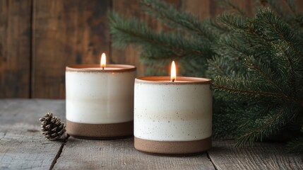 Simple, rustic Christmas candles in ceramic holders with soft white accents, creating a cozy holiday atmosphere.