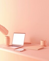 Fototapeta premium Simple desk with a laptop, open notebook, and a blank smartphone screen, all in soft pastel tones, representing productivity and focus in a workspace, ample negative space.