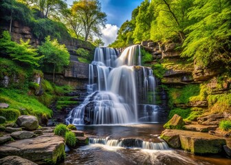 Obraz premium Close-Up of a Majestic Waterfall in Spring: Capturing the Serenity of Trickling White Water at a Picturesque Lancashire Location