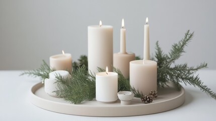 White and beige Scandinavian Christmas candles surrounded by minimal greenery on a simple, neutral tabletop.