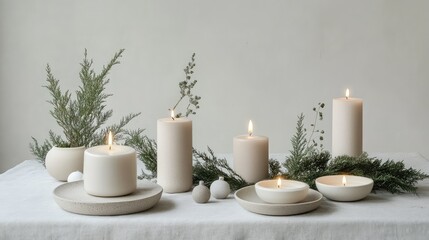 White and beige Scandinavian Christmas candles surrounded by minimal greenery on a simple, neutral tabletop.