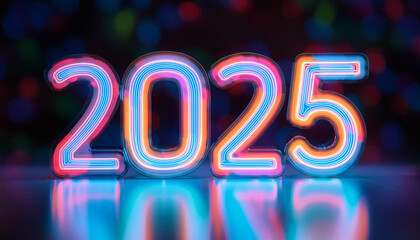 Neon glowing number 2025 on dark background. New Year. 3D rendering.