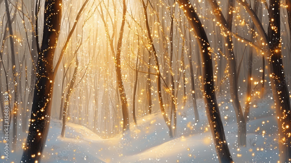Fototapete abstract winter forest scene with sparkling lights woven into snowy branches, creating a magical hol
