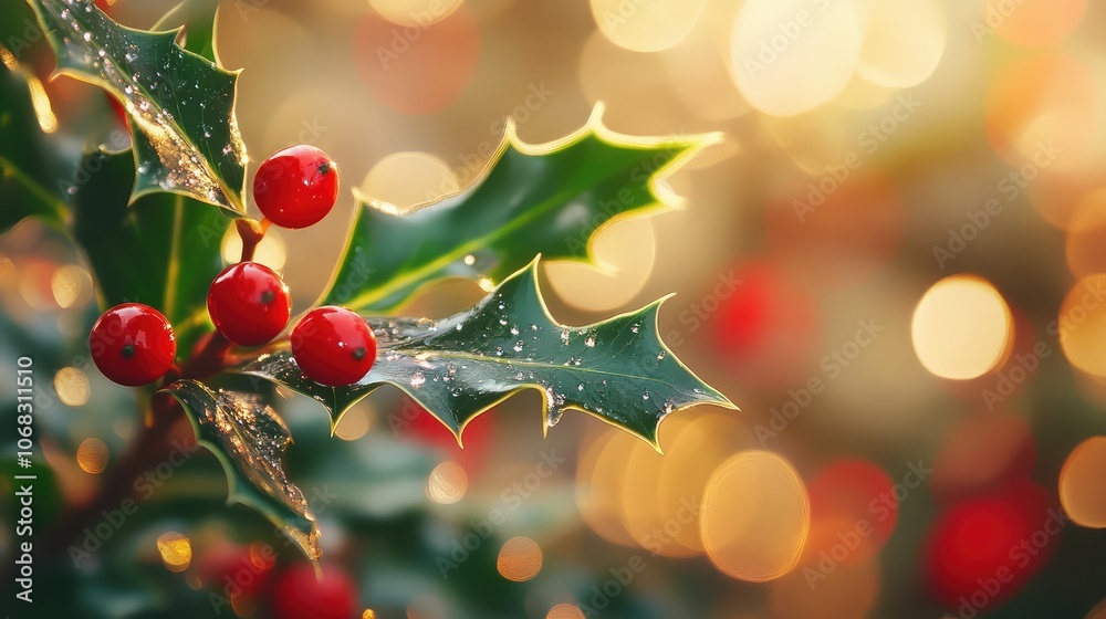 Fototapete close-up of shimmering dewdrops on holly leaves, reflecting soft holiday colors in an abstract bokeh