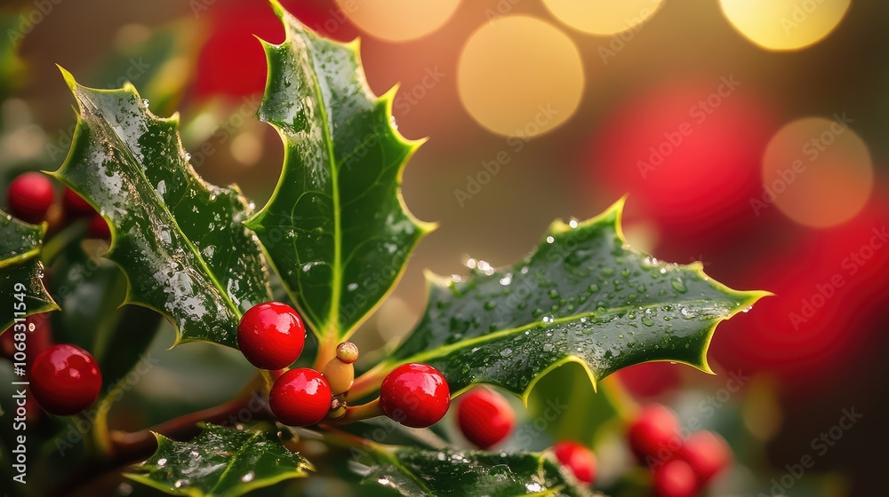 Fototapete close-up of shimmering dewdrops on holly leaves, reflecting soft holiday colors in an abstract bokeh