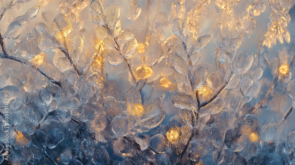Fototapete frost-covered plants with hints of holiday lights, creating an abstract view of winter in nature.