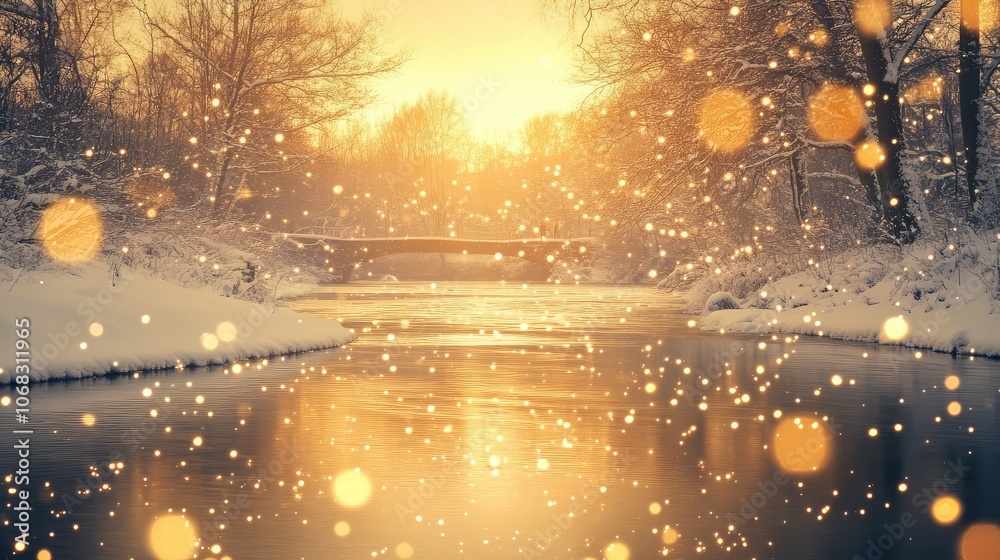 Fototapete golden reflections in a river surrounded by snow, with a subtle hint of holiday lights creating an a