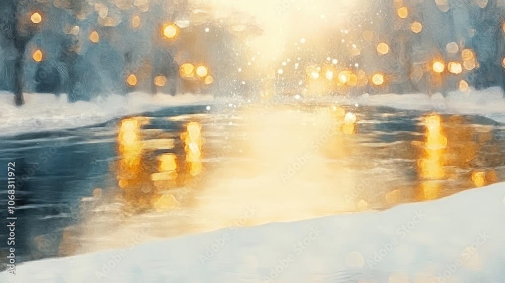 Fototapete golden reflections in a river surrounded by snow, with a subtle hint of holiday lights creating an a