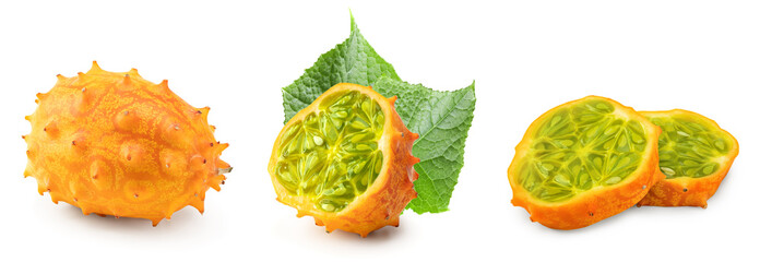 sliced kiwano fruit isolated on white background. clipping path