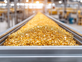 Rubber Conveyor Belt Carrying Gold Flakes | Mining Industry, Precious Metal Extraction, Industrial Equipment, Gold Processing, Efficiency in Production