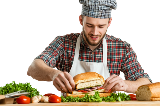 Young Male Cooker Making a Sandwich Isolated on Transparent. PNG