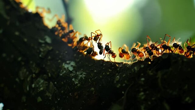 Camera follows leaf-cutter ants along a trail, handheld video, dim forest understory, shafts of sunlight