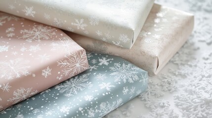 Soft pastel wrapping paper with textured snowflakes, creating a gentle and cozy holiday atmosphere.