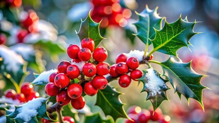 Closeup of Holly with Red Berries and Sharp Leaves Symbolizing Christmas in Europe Amidst Cold Winter Weather, Captured with Tilt-Shift Photography for Nature Enthusiasts