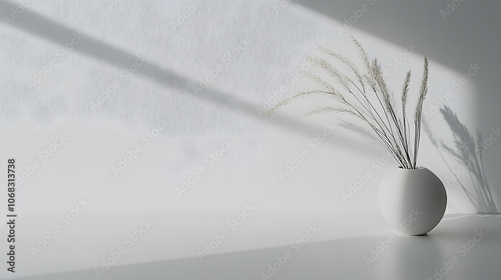 Poster A serene scene featuring a minimalist vase with soft shadows and light creating textured patterns on a white wall.